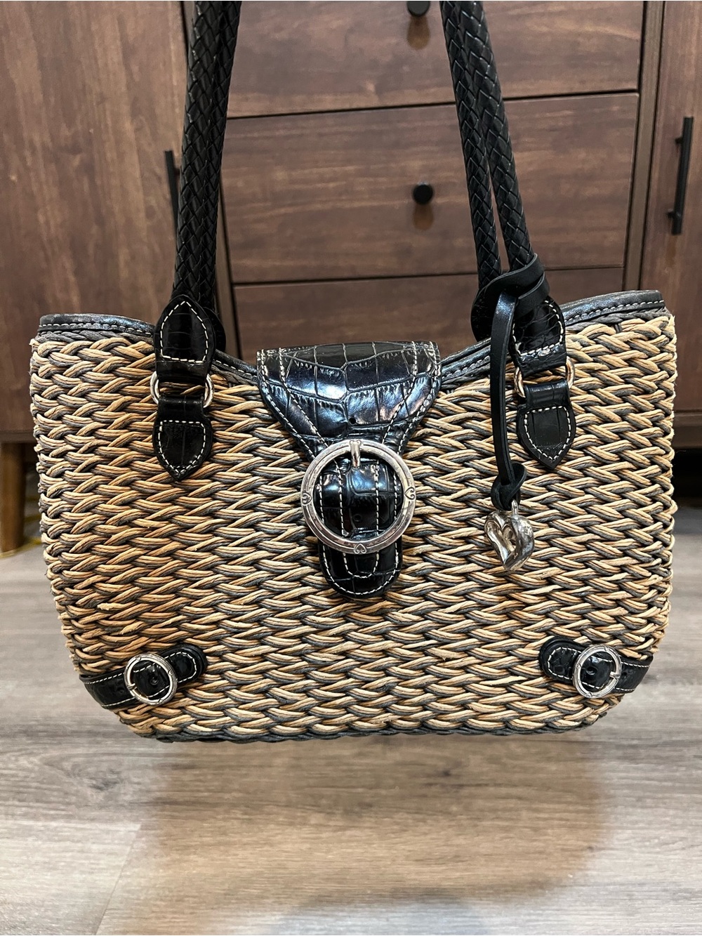 Brighton Debbie Straw and Embossed Leather Shoulder